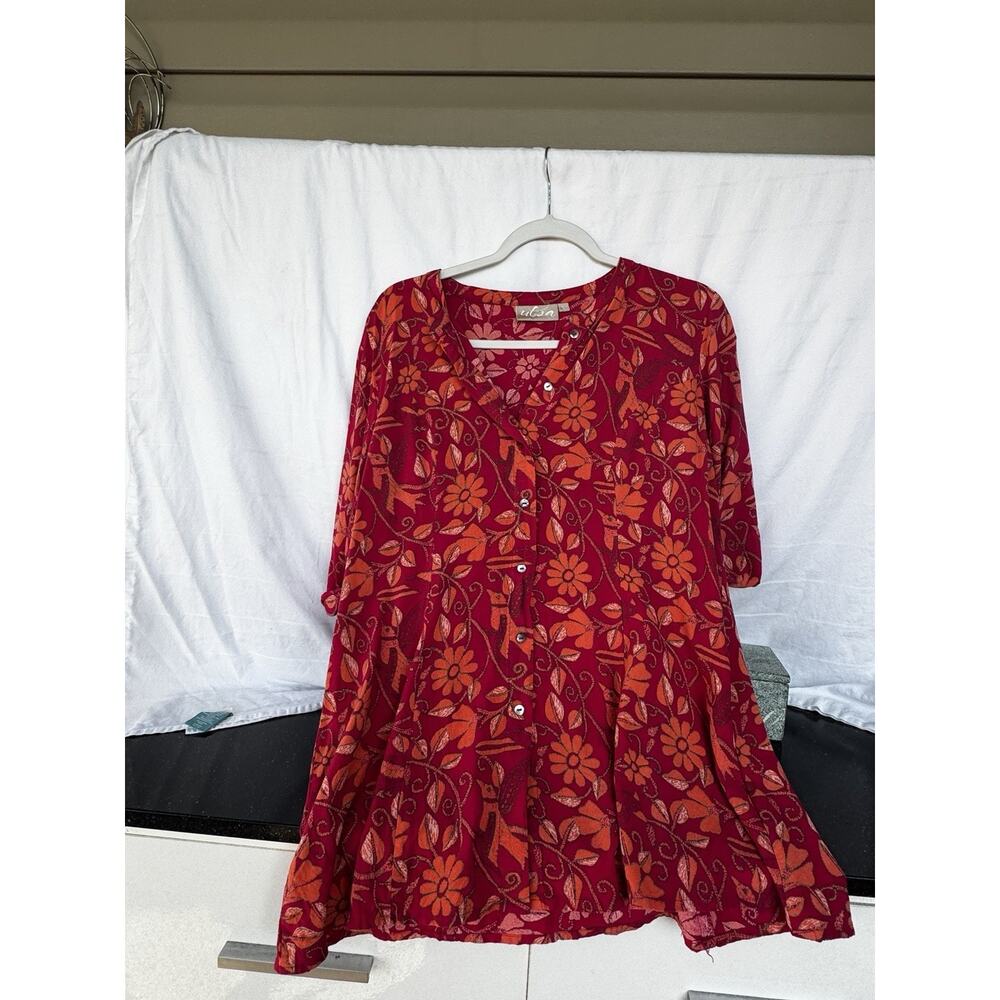 Utsa Boho Floral Paisley Blouse Women's L Red Orange Ruffle Neck Bohemian Top